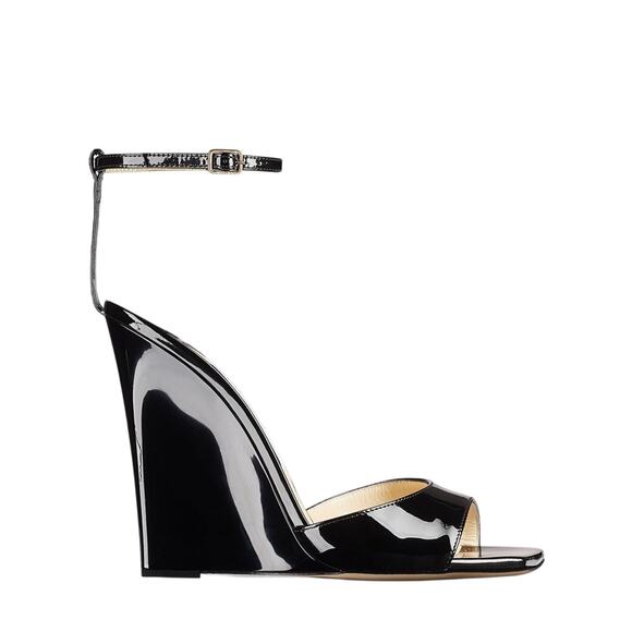 Jimmy Choo NIB Brien Patent Leather Wedge Sandals in Black Size 39.5 - Picture 1 of 11